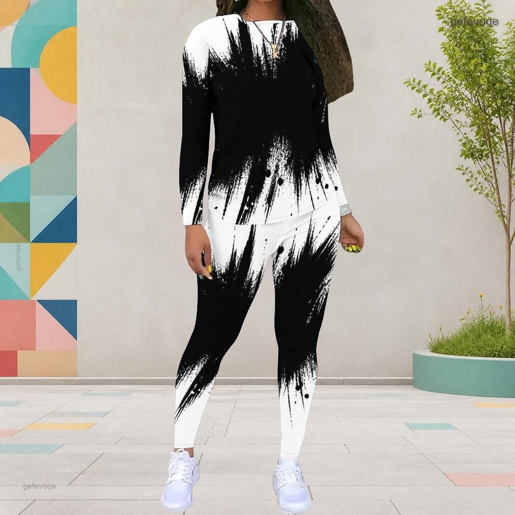 Women Plus Size Two Piece Pants Set Round Neck Long Sleeve Black White Geometric Printed Outfit