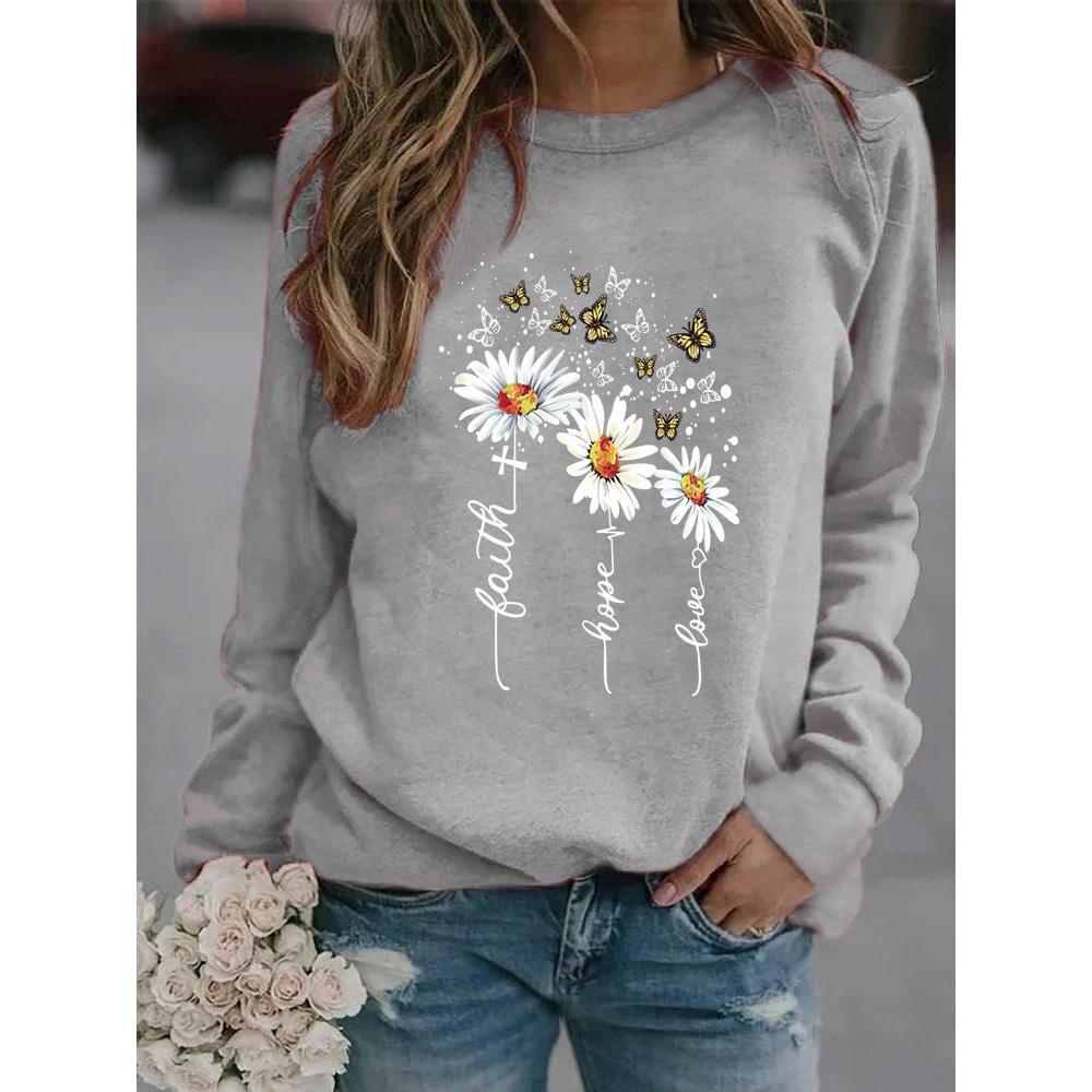 Зимние женские топы с принтом ромашки, женская Повседневная толстовка с круглым вырезом и длинными рукавами, блузка больших размеров