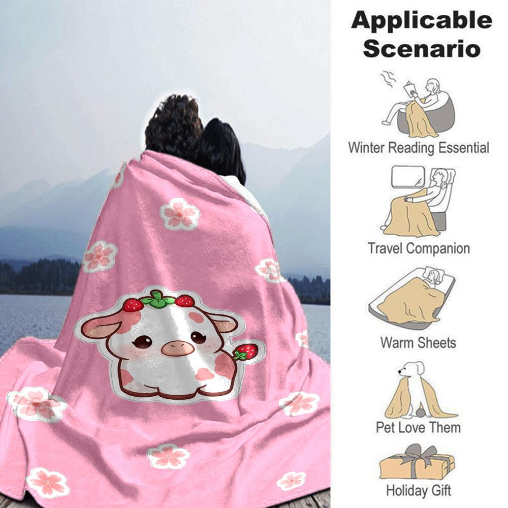 1pc cow strawberry blanket Lightweight Flannel Throw for Sofa Bed Travel Camping Livingroom Office Couch Chair