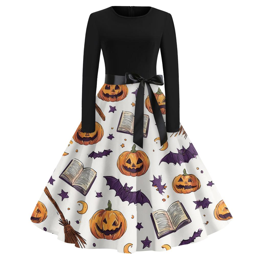 Women's Casual Halloween Print Retro Dress Long Sleeve Round Neck Vintage Style Midi Dress with Belt and Flared Skirt Suitable for Seasonal Wear