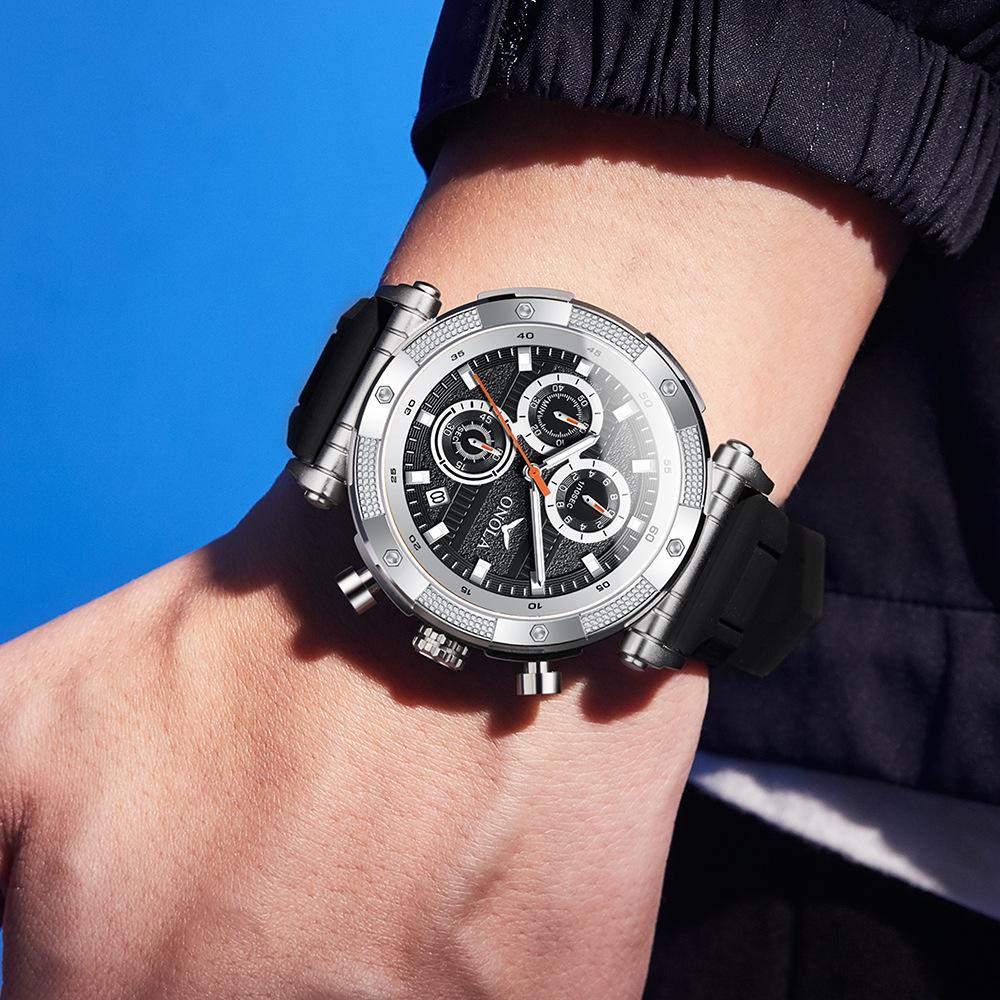 Men's Three Eye Timing Calendar Dial Fashionable Multifunctional Quartz Wristwatch Waterproof Silicone Strap Luminous Student Sports Watch