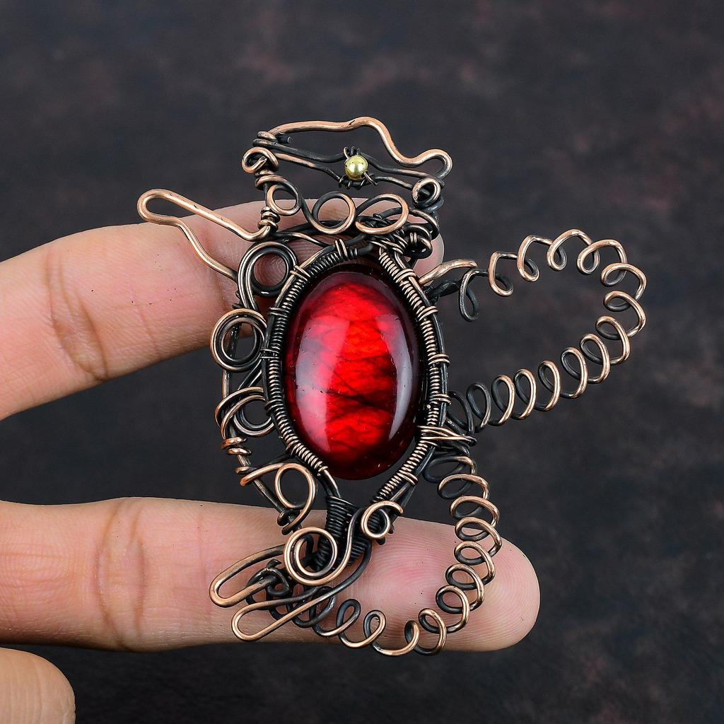 Red Fire Labradorite Pendant Copper Wire Wrapped Rabbit Pendant Gemstone Copper Jewelry Handmade Pendant Wire Wrapping Jewelry Wedding Gifts