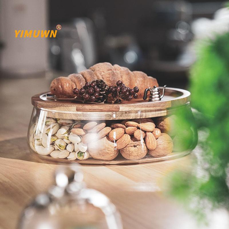 1pc Food Container Creative Glass Food Storage Containers With Wooden Lid Kitchen Snack Jat Fruit Container Candy Jar Nut Sundries Storage Organizer F