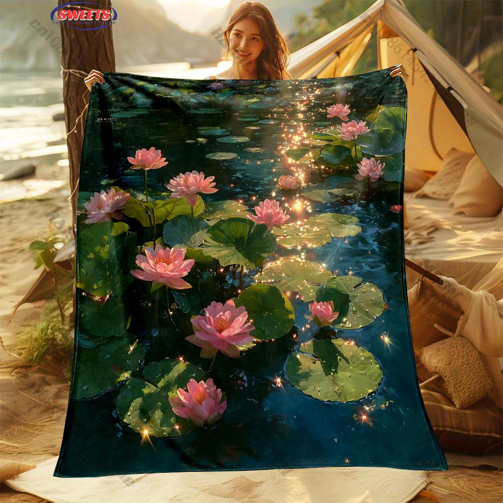 1PC Lotus Leaf Pattern Print Blanket Warm Soft and Comfortable Home Travel Blanket Sofa Bedding Cover Blankets Gift for Friends