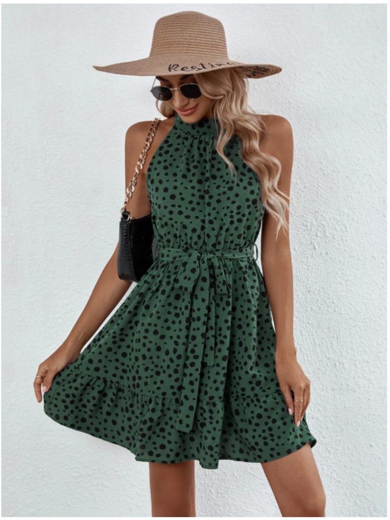Halter Neck Round Dot Dress Lace Up Ruffle Edge Dress Sleeveless Chiffon Dresses Causal Women Dress