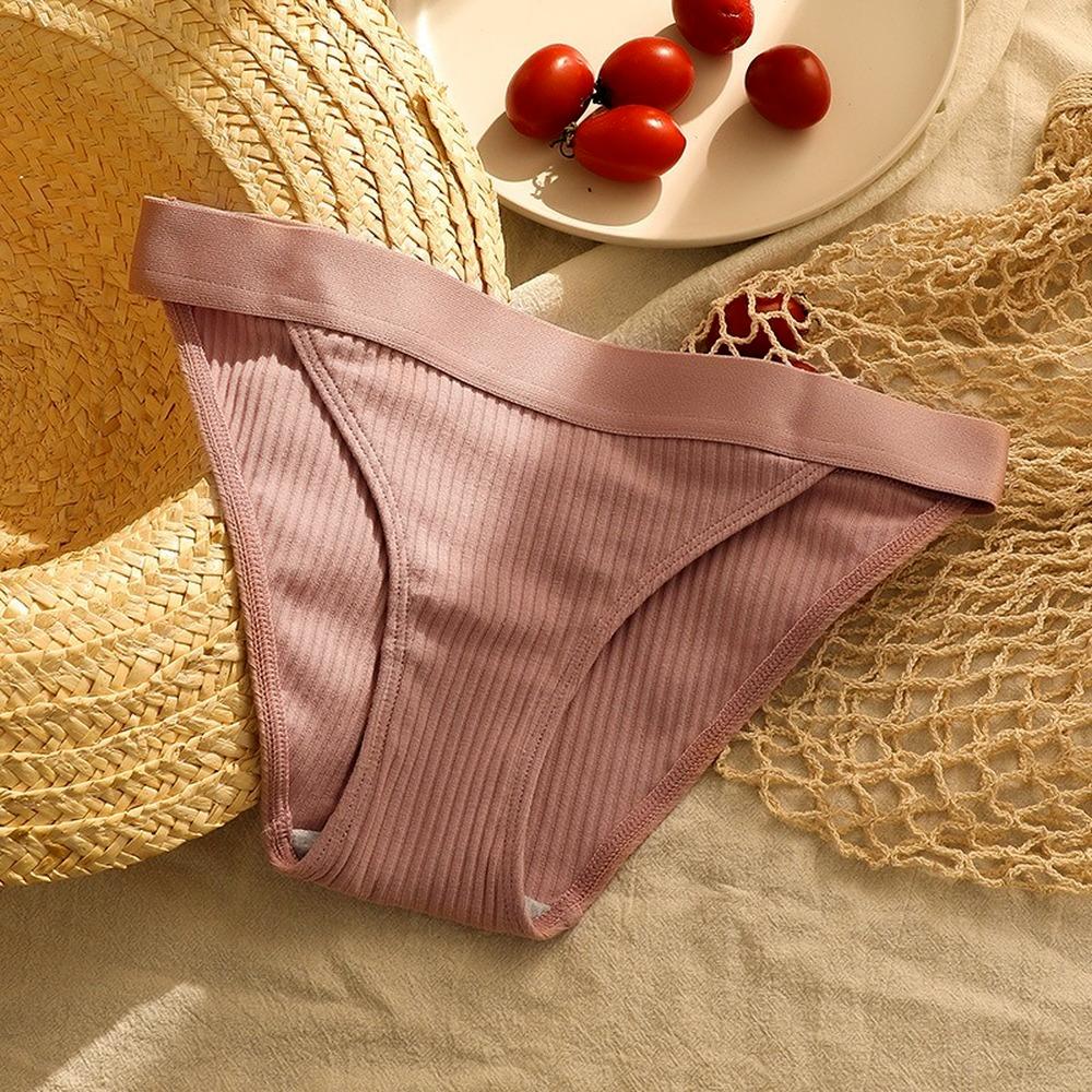 Women Cotton Panties Solid Color Briefs Ladies Breathable Comfortable Striped Underwear