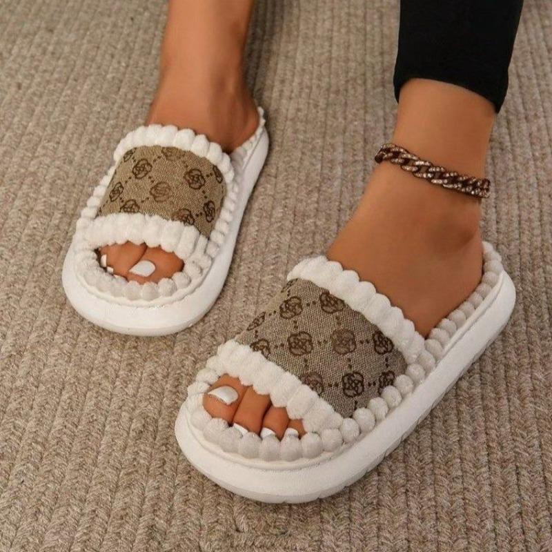 Fashion Women Home Slippers Cozy Open Toe Lightweight Sandals Warm Plush Fluffy Shoes Women Fuzzy Trend Non-Slip Slippers Slides Women