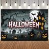 Night Halloween cartoon theme decoration photography background pumpkin castle cemetery skeleton black cat bats Photo Backdrop2