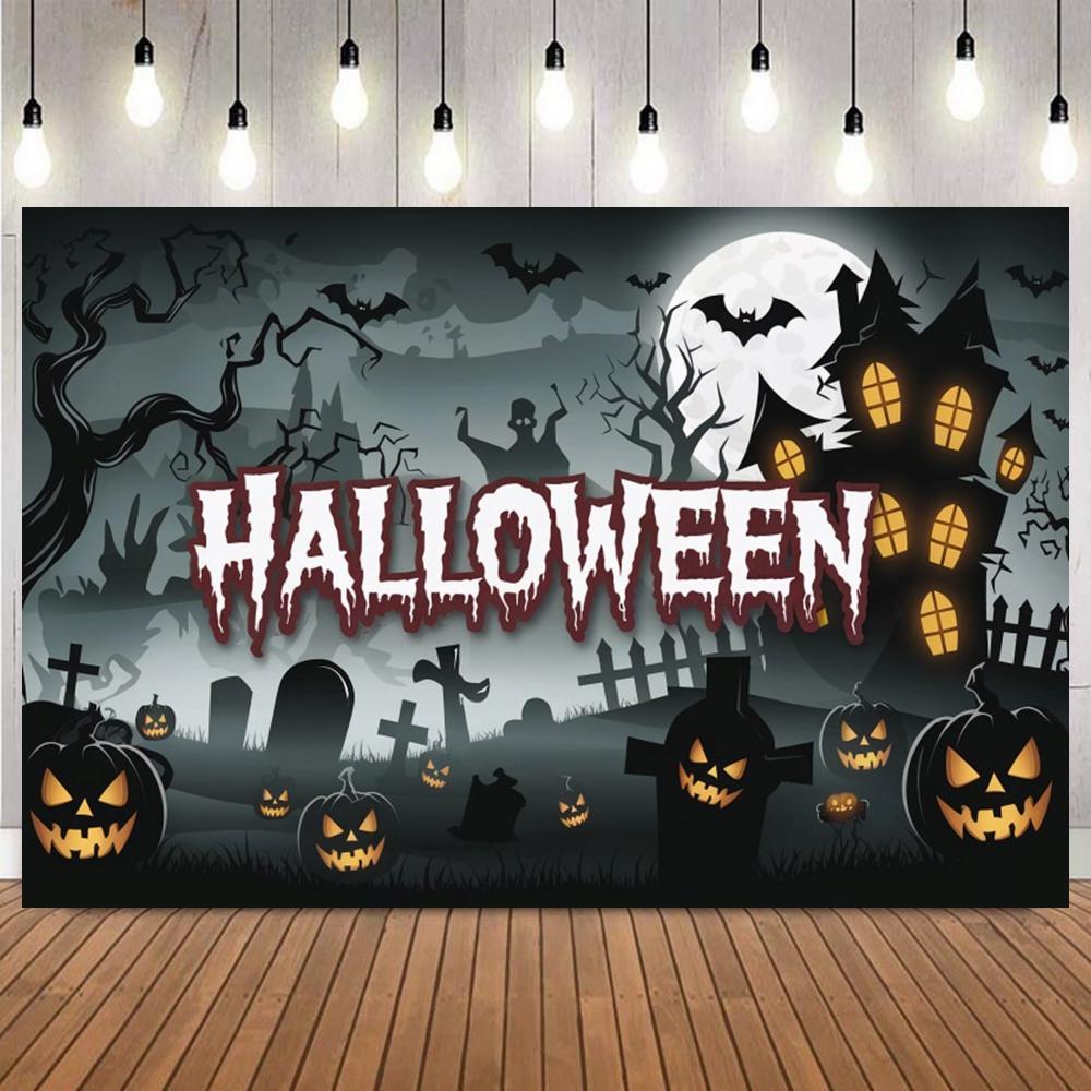 Night Halloween cartoon theme decoration photography background pumpkin castle cemetery skeleton black cat bats Photo Backdrop4