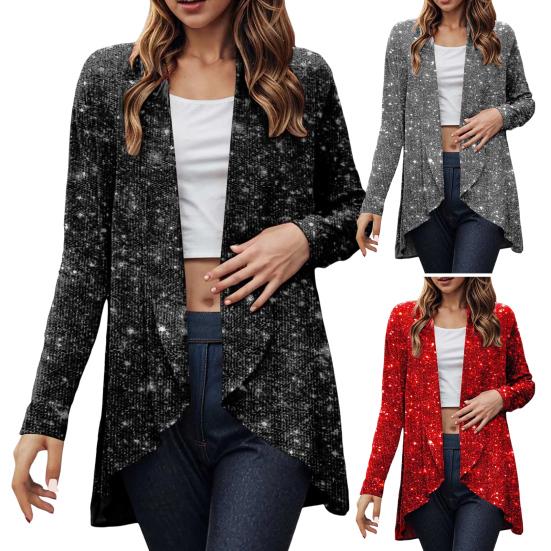 Lady Sequin Coat Open Stitch Cardigan Irregular Hem Long Sleeves Solid Color Formal Business Jacket Office Commuting Outerwear