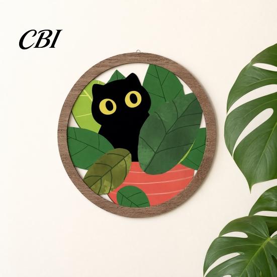 Warm Wood Grain Texture 4PCS Black Cat Wall Sign, with Art, Scratch-Resistant Sun-resistant Hanging Home Decor, Nordic Retro Style for Nursery Bedroom