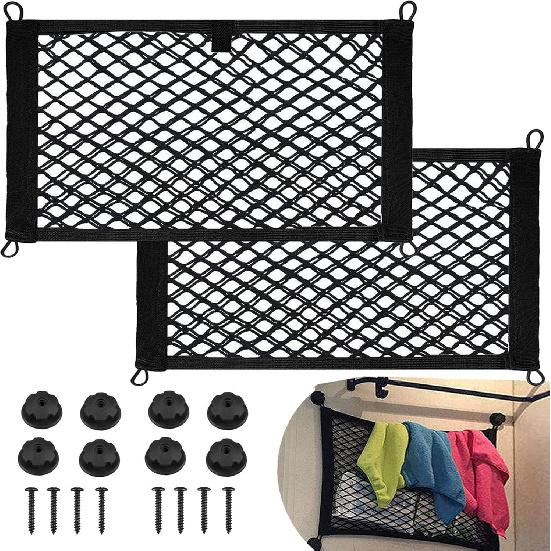 2 Pack Small Cargo Net Pocket Storage Mesh Net Elastic Automotive Cargo Nets Storage Pouch For Car Trunk Net, RV, Boat Storage Mesh Pocket Net With 8