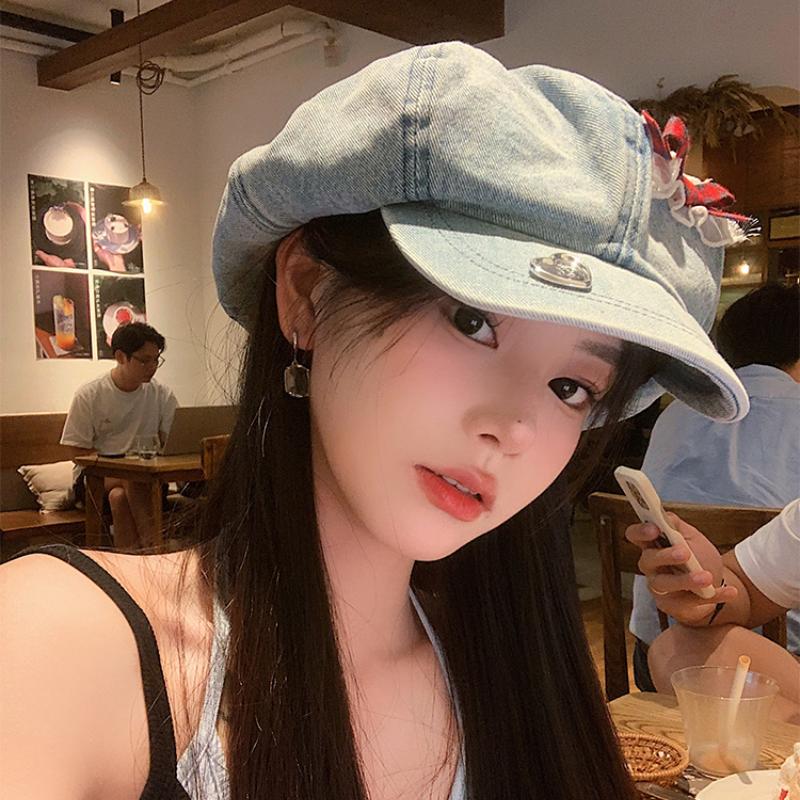 Y2K кружевной бант дизайн облако береты шапки для женщин показать лицо маленький летний осень повседневный универсальный корейский ретро джинсовый восьмиугольная шляпа