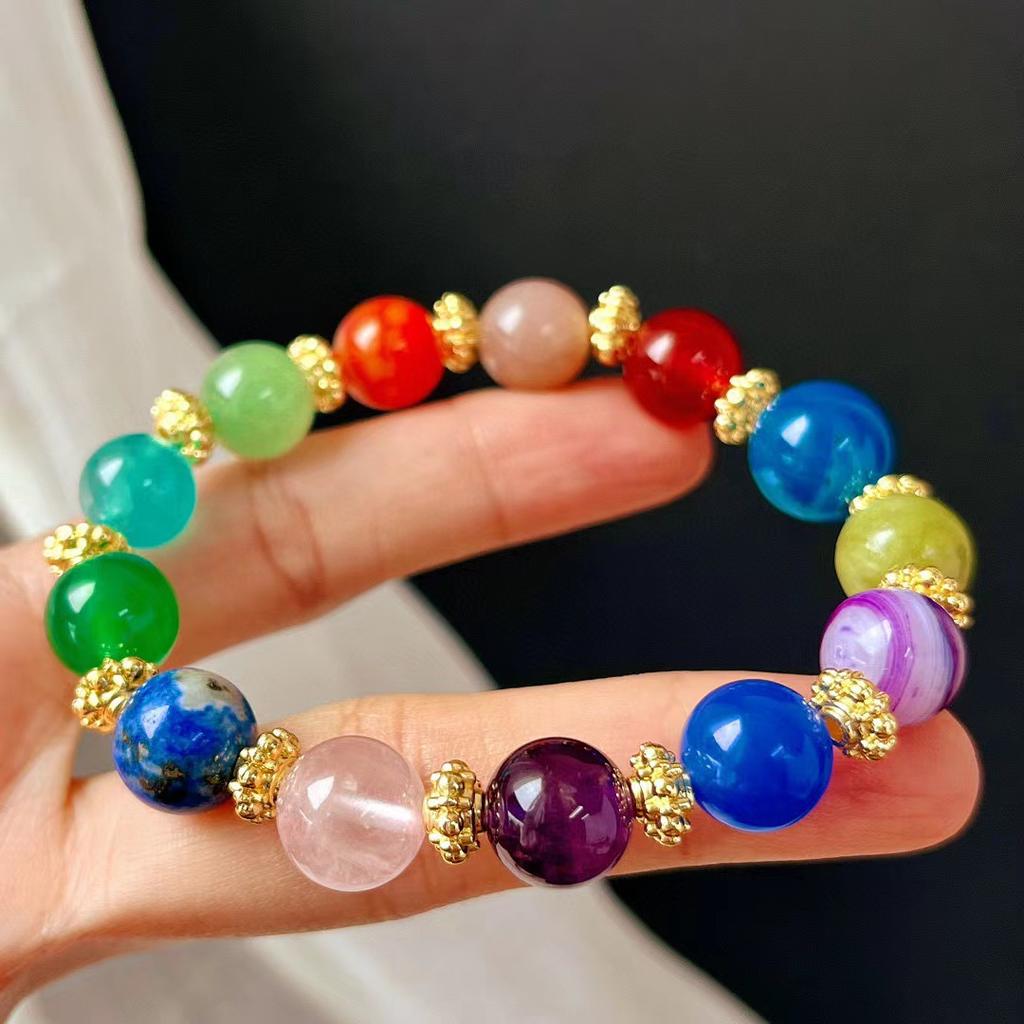 Retro Natural Crystal Duobao Bracelet Bracelet, Powder Crystal Amethyst Lapis Lazuli Chalcedony Agate Bracelet.