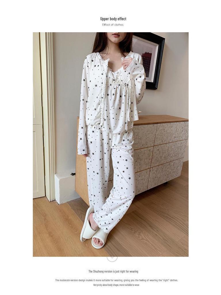 Women's Cross-Border Pajama Set: Spring/Autumn Polka Dot Cardigan & Suspender with Chest Pads, Korean Style, Pure Desire, 3-Piece Home Wear.