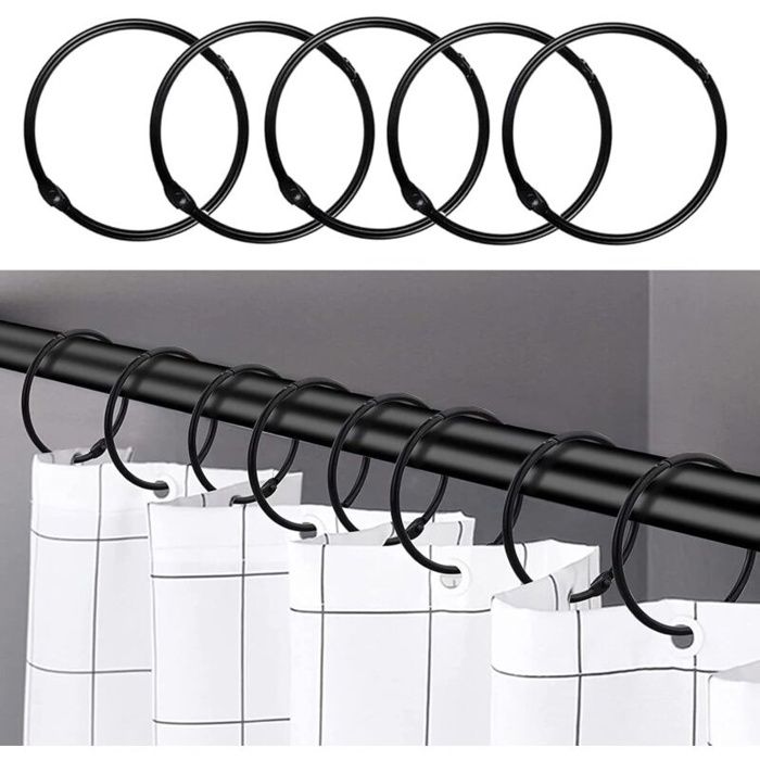 Anneaux de rideau de douche noirs – Lot de 24 crochets métal anti-rouille, fermeture pression, Ø intérieur 50 mm