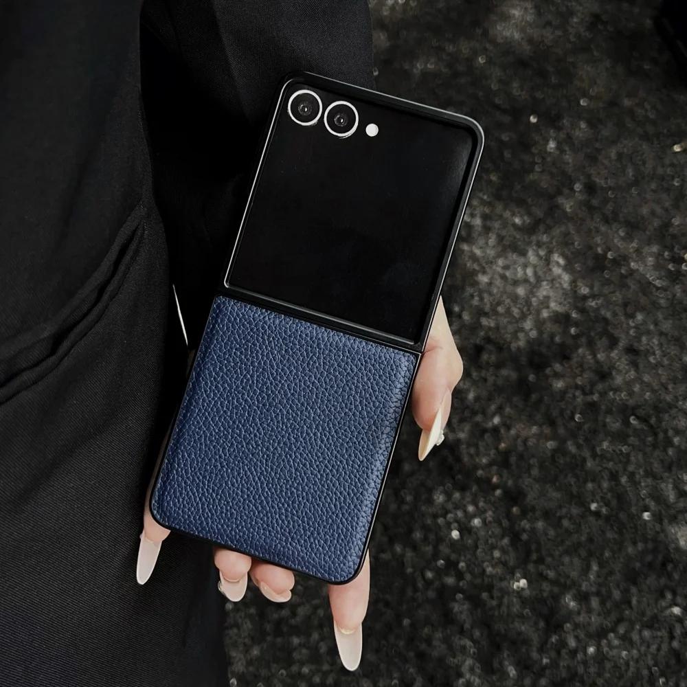 Simple Lychee Pattern Leather Slim Phone Case For Samsung Galaxy Z Flip 7 6 5 4 3 5G Solid Color Shockproof Soft Protector Cover