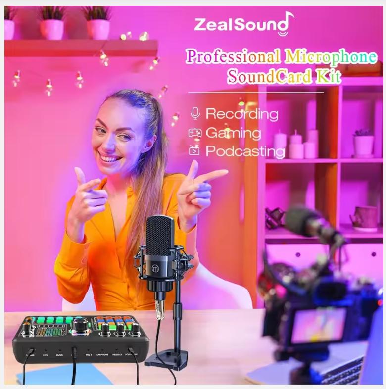 Zealsound Профессиональный Микрофон для Подкастов Звуковая карта Комплект для ПК Смартфона Ноутбука Компьютера Vlogging Запись Прямая Трансляция YouTube