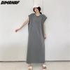 Dimanaf Женское платье больших размеров 2023, новое летнее однотонное платье, длинное платье-футболка, свободные модные базовые платья макси большого размера