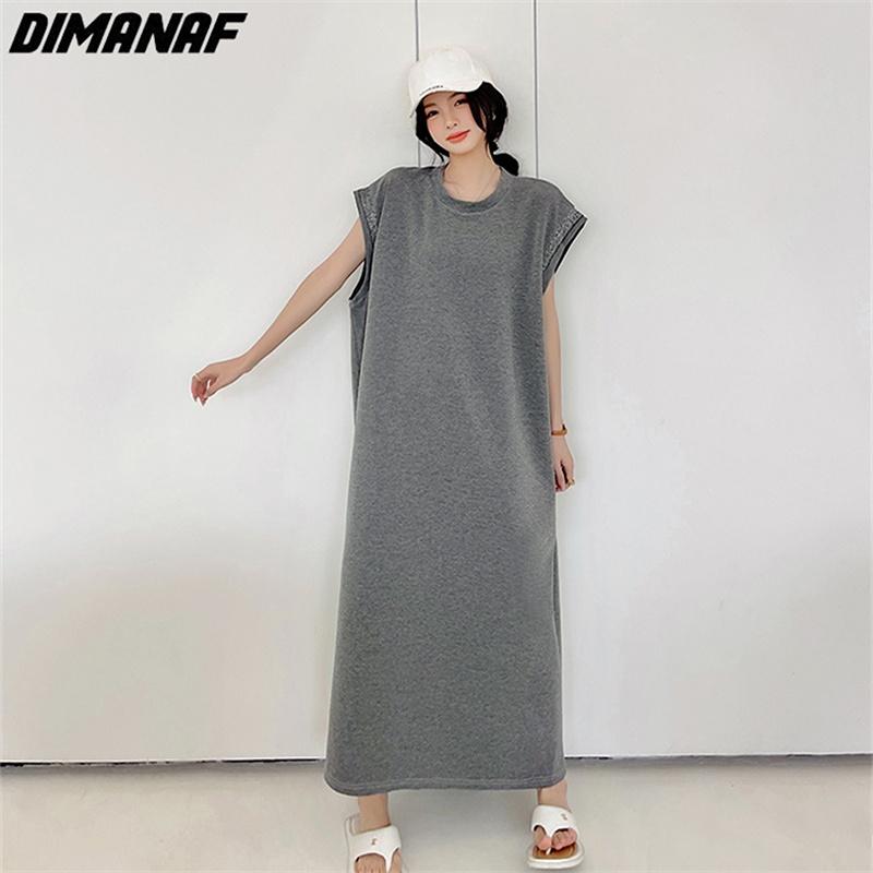 Dimanaf Женское платье больших размеров 2023, новое летнее однотонное платье, длинное платье-футболка, свободные модные базовые платья макси большого размера