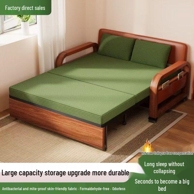 Chinese-Style Multi-functional Sofa Bed: Double-Fold Oil Wax Leather, Retractable for Living Room
