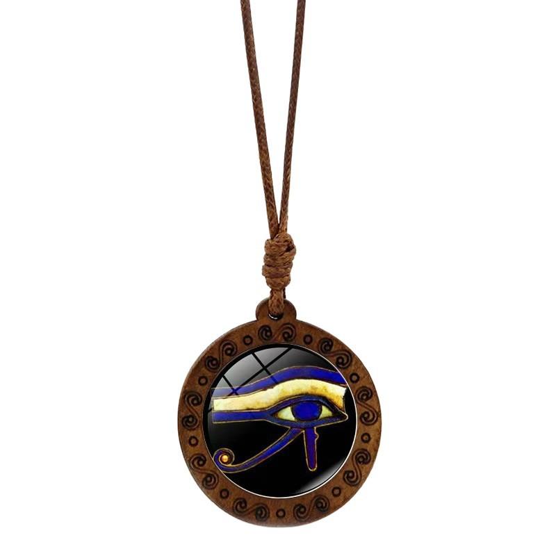 Eye of Horus Time Gem Pattern Wooden Base Pendant Retro Necklace Jewelry Small Gift
