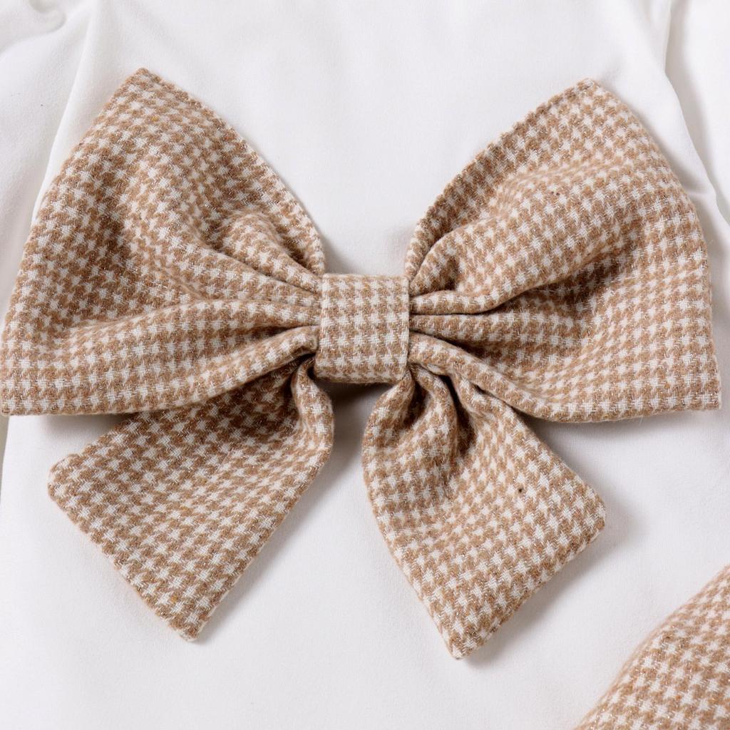 Комплекты одежды для маленьких девочек от 4 до 7 лет, вязаные топы с длинными рукавами и бантом, клетчатые юбки, наряды, детская одежда на осень и весну