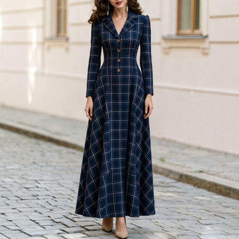 Women S Plaid Suit Style Long Sleeve Long Dress For Commute