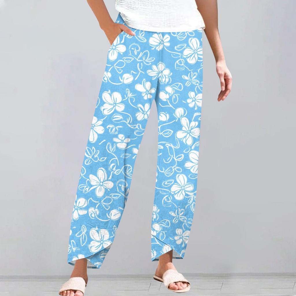 Брюки женские летние повседневные широкие брюки с эластичной резинкой на талии и карманами