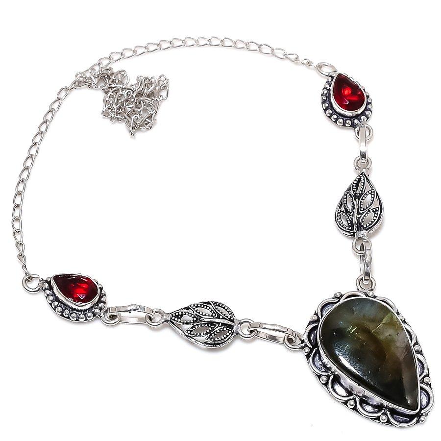 Labradorite, Garnet Gemstone Handmade 925 Sterling Silver Jewelry Necklace 18"