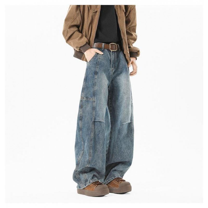 Mens Distressed Patchwork Jeans Thin Loose Straight Leg Wide Pants Teens