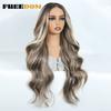 FREEDOM Synthetic Lace Front Wigs For Woman Long Body Wave 6x4 Lace Wig Ombre Brown Pre Plucked Pre Cut Wear and Go Glueless Wig