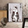 Solid Wood Frame Japanese Floating Samurai Cat Canvas Painting Retro Style Posters and Prints Wall Art Pictures for Living Room Wall Decor