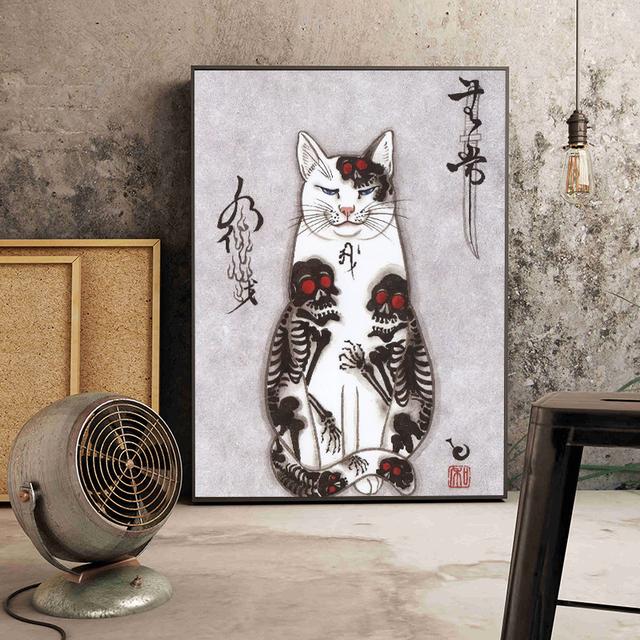 Solid Wood Frame Japanese Floating Samurai Cat Canvas Painting Retro Style Posters and Prints Wall Art Pictures for Living Room Wall Decor