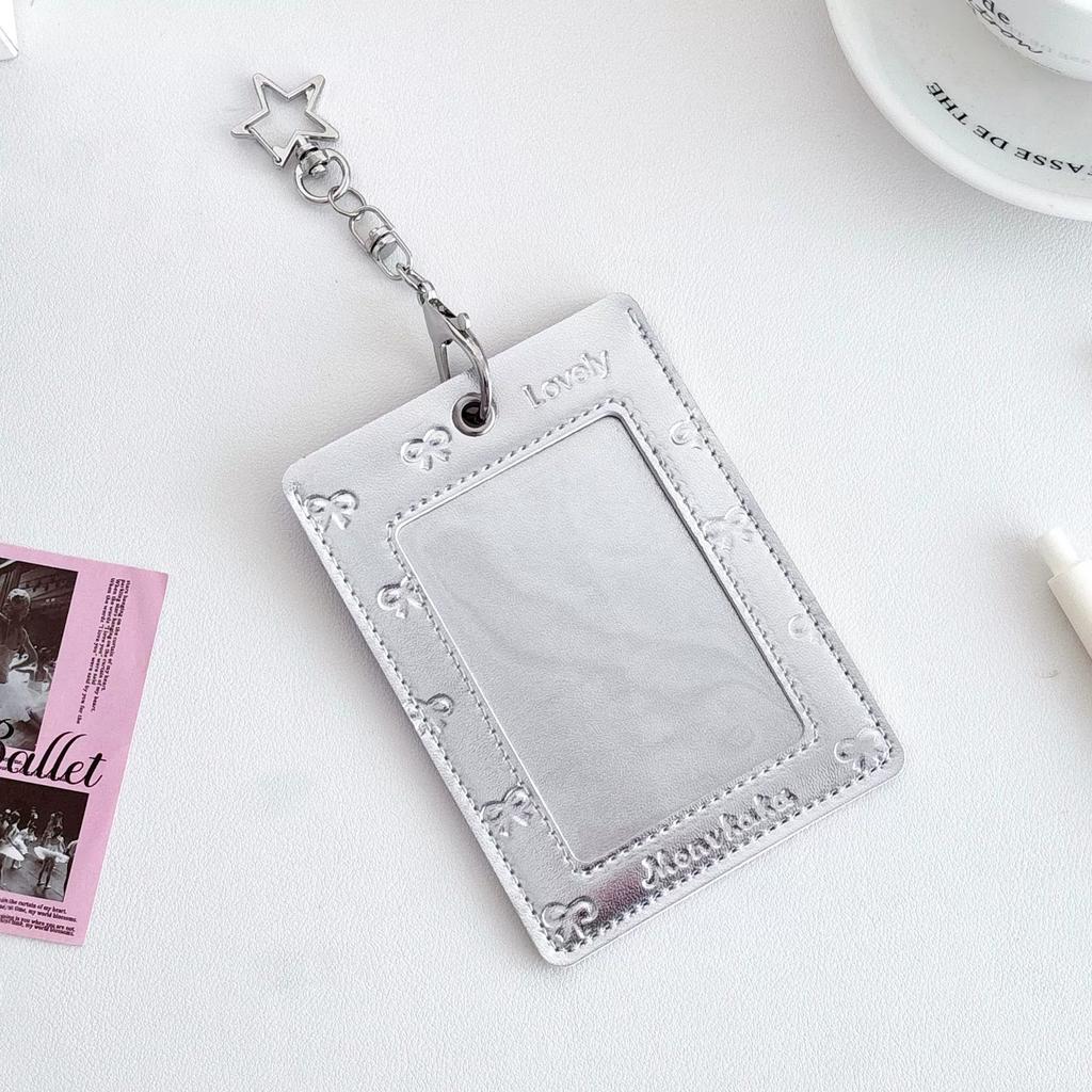 MINKYS Cute PU leather Silver 3 inch Kpop Photocard Holder Photo Card Bus Card Holder Bag Pendant Back To School Stationery