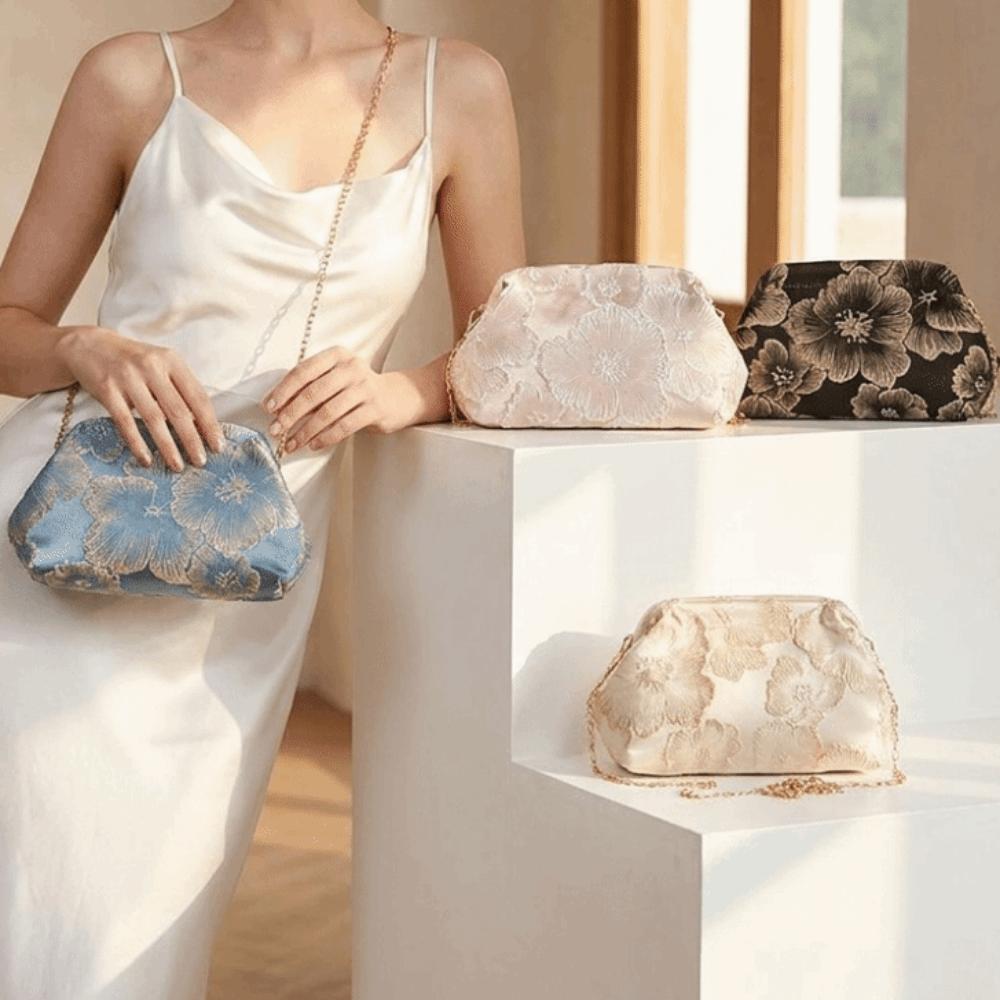 Elegant Embroidery Shoulder Bag Satin Crossbody Bag Vintage Handbag Party Occasion