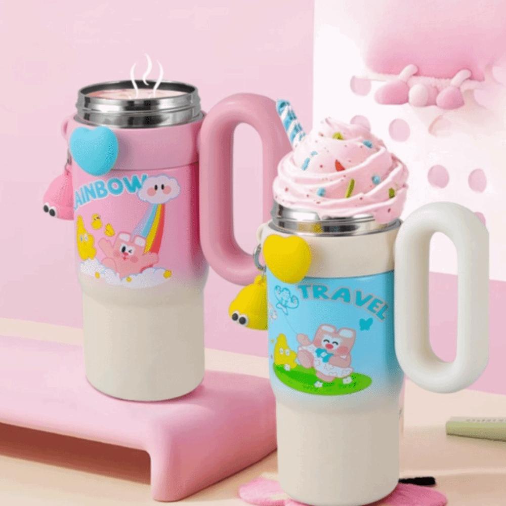 800ml Cartoon Doll Straw Thermos Cup Stainless Steel Insulated Water Cup Office