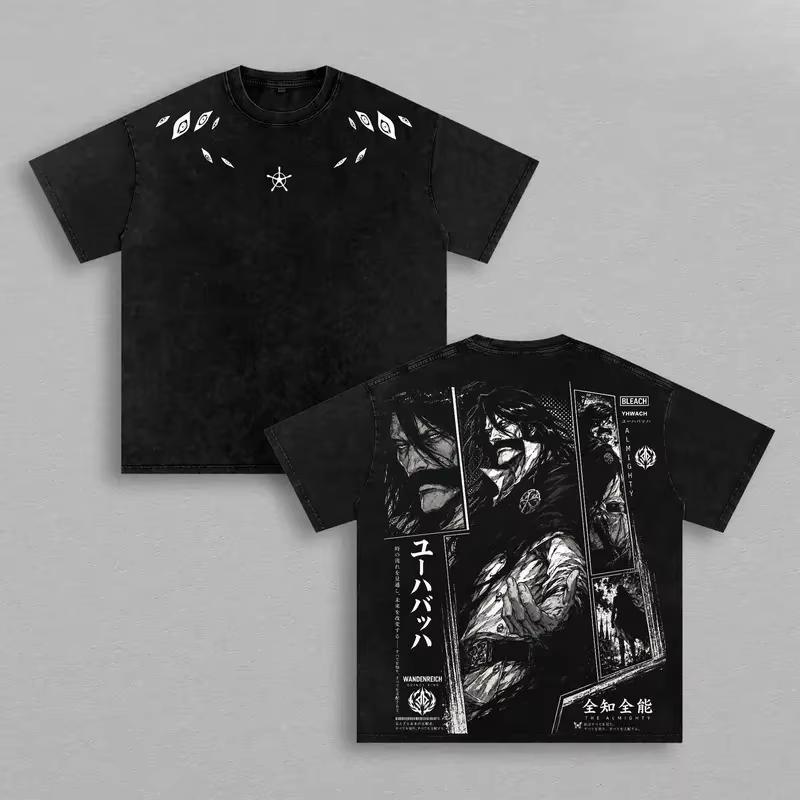 2026 Black Vintage Washed Cotton Loose Y2K Streetwear T-shirt with Double-sided Anime Print of Ichigo Kurosaki from Bleach