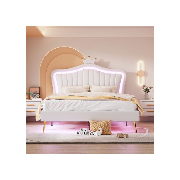 Lit d'enfant - MUVOE - 140 x 200 cm - Cuir PU blanc - Éclairage LED - Design coquillage