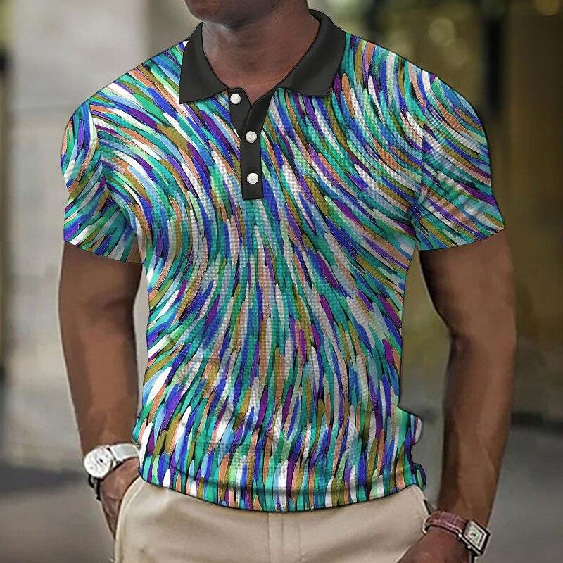 Мужская повседневная рубашка поло с красочным и небрежным линейным узором, 3D цифровая печать