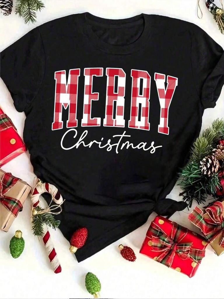 Holidayvibe Unisex Shortsleeve Tshirt Crew Neck Merry Christmas Pattern Print Daily Wear Tops