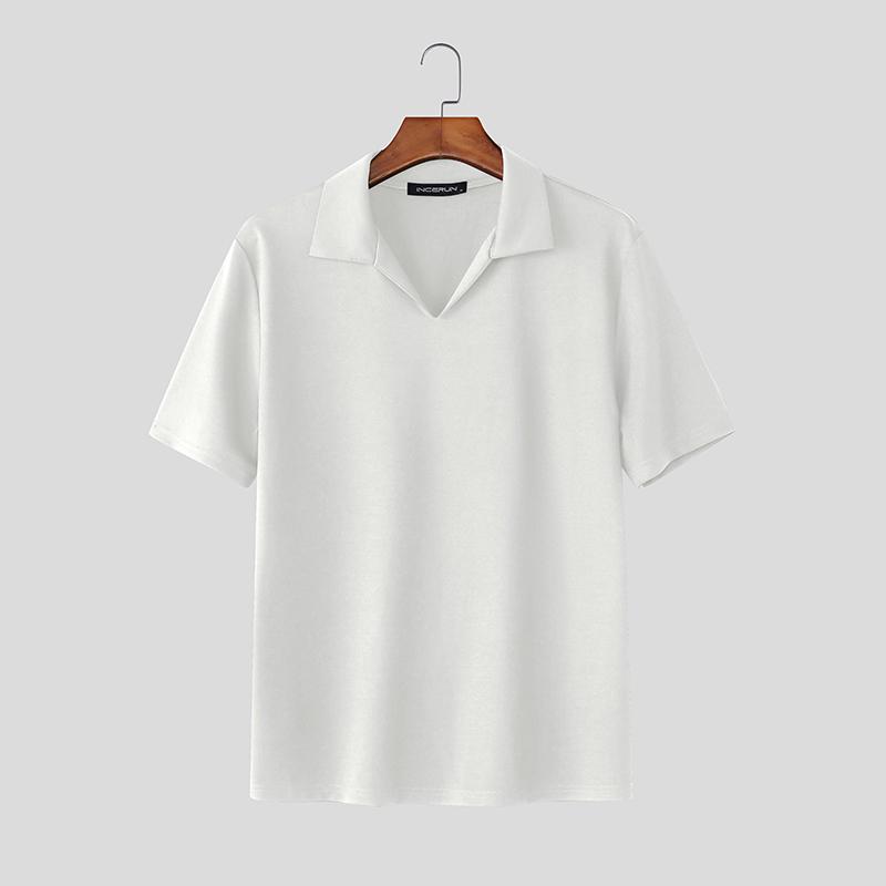INCERUN Мужские футболки с лацканами, коротким рукавом, однотонные, повседневные, приталенные