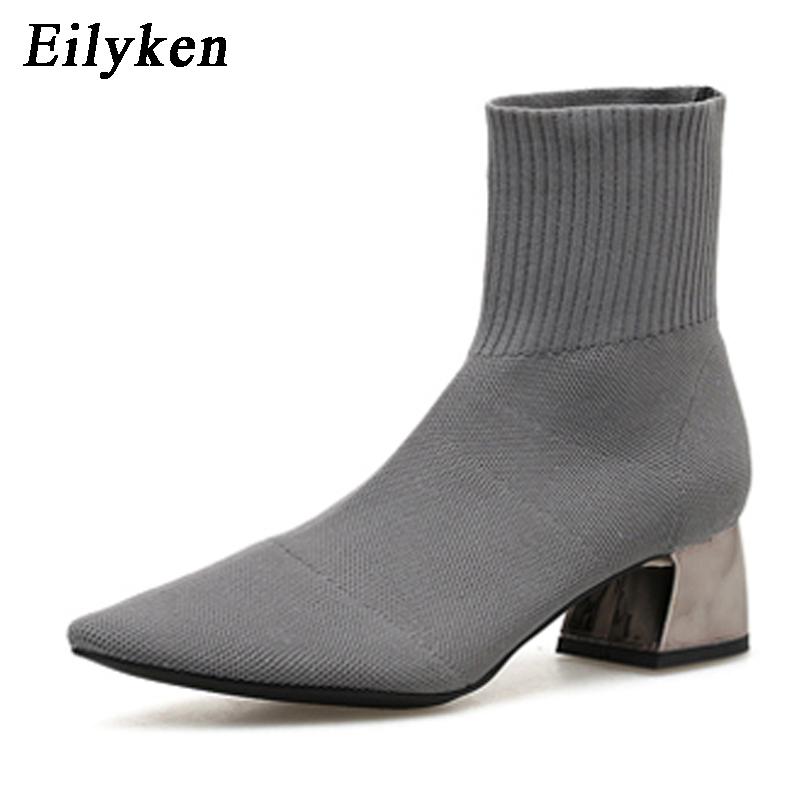 Eilyken Модные вязаные женские ботильоны из эластичной ткани, зимние женские ботильоны на высоком квадратном каблуке с острым носком