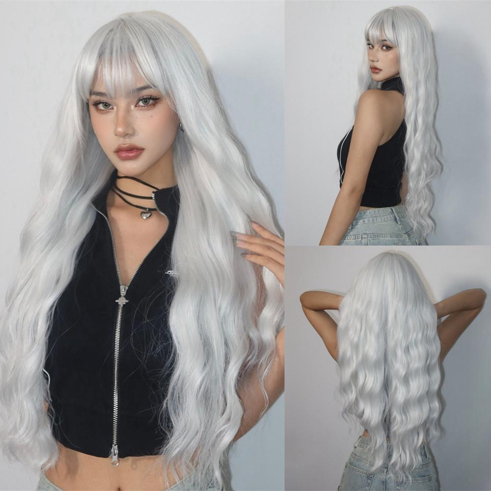 Long Wavy White Synthetic Wigs for Women Curly Wig with Bangs White Fake Hair for Party Cosplay Heat Resistant Fiber