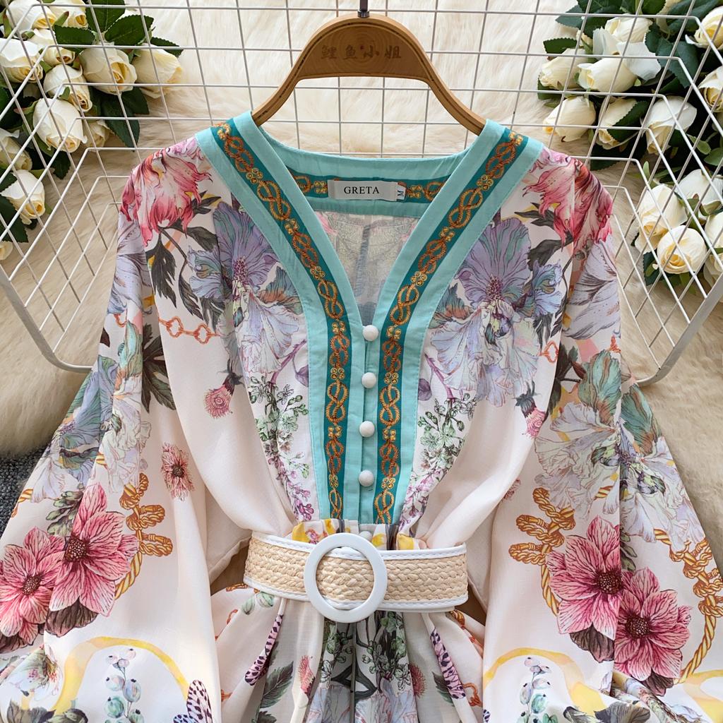 Spring Summer Women Vintage Designer Print Runway Dress V-neck Single Breasted Mini Short Party Dresses with Belt