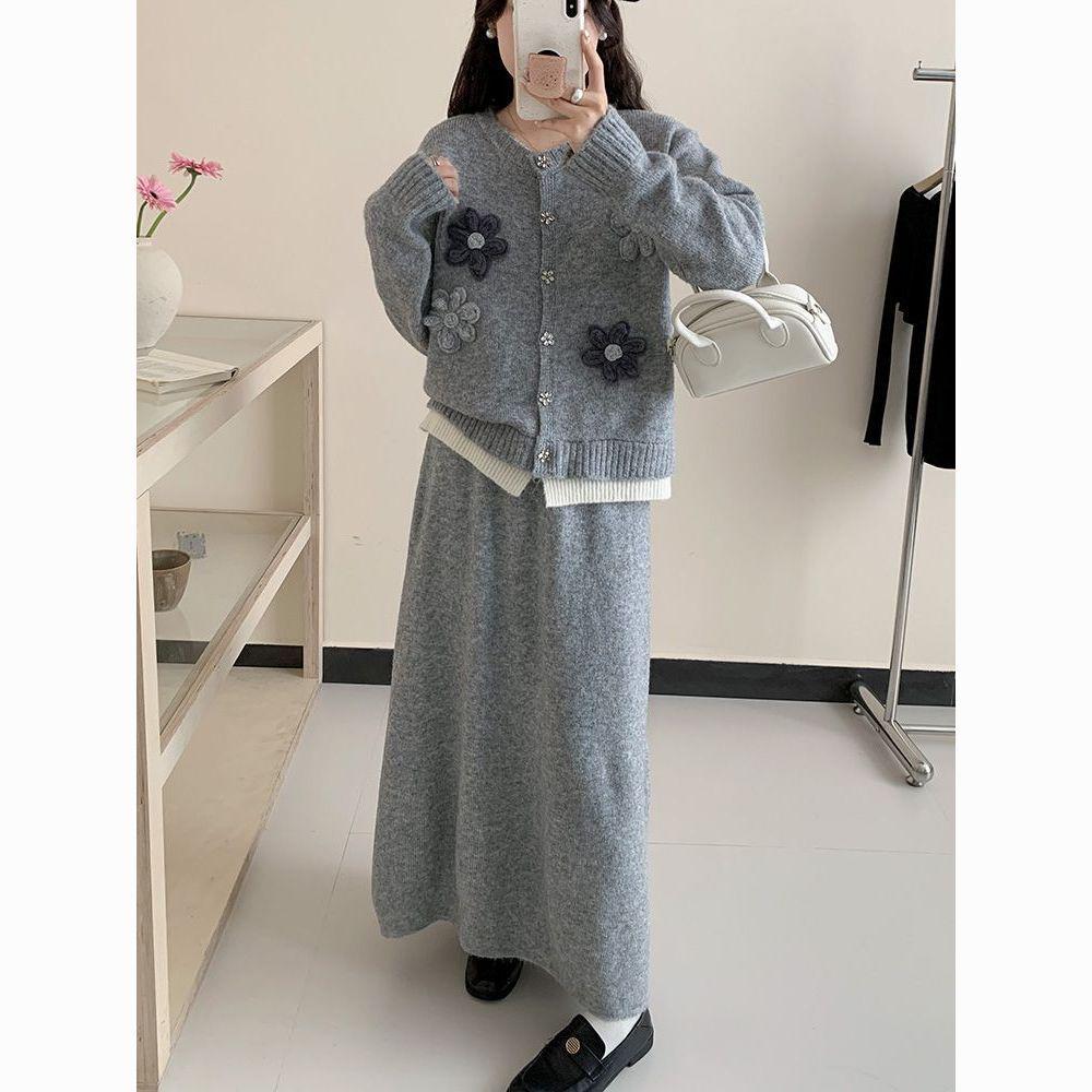 Комплект свитера и юбки с 3D вышивкой в виде цветов - Женский осенне-зимний корейский стиль, свободный крой, универсальный, средней длины, костюм из двух предметов.