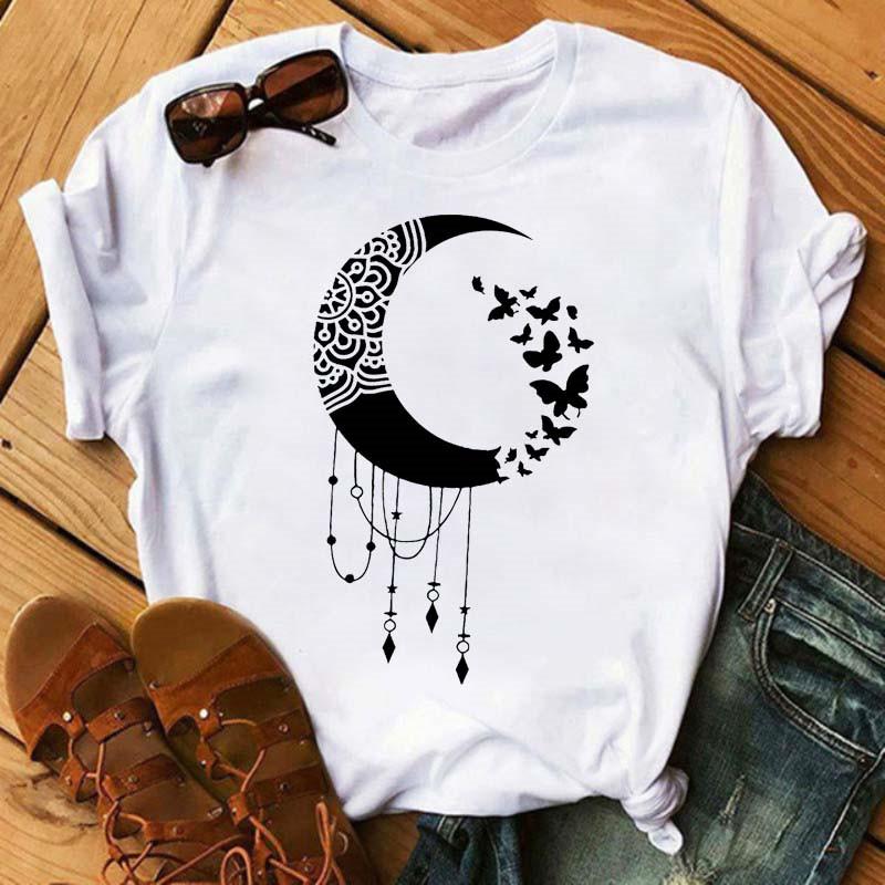 Butterfly Moon Pattern Pure Cotton Printed Unisexs and Womens Fashion Casual Tshirt New Personalized Loose Round Neck Tshirt