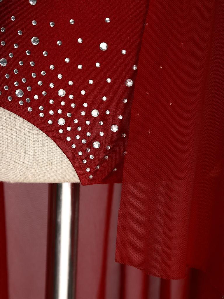 Girls Shiny Rhinestone Dance Crop Top & Skirted Briefs Set with Sheer Mesh Overlay for Lyrical Performance