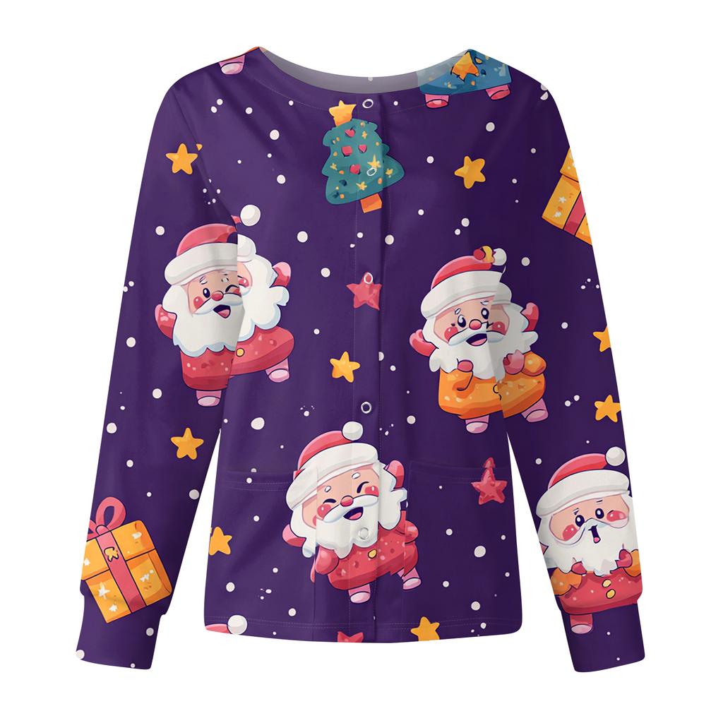 Women's Casual Fashion Long Sleeve Standing Collar Single Breasted Christmas Print Workwear Jacket Tops