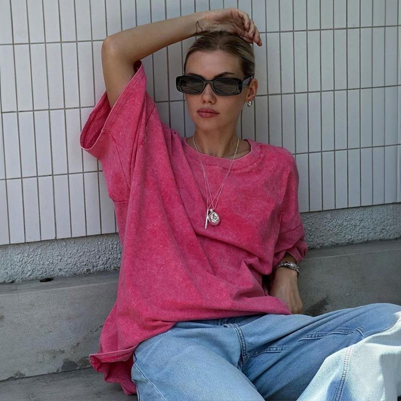 Летняя футболка с коротким рукавом большого размера для женщин, новые модные топы с круглым вырезом, свободная повседневная хлопковая футболка, женская уличная однотонная простая женская футболка 24651